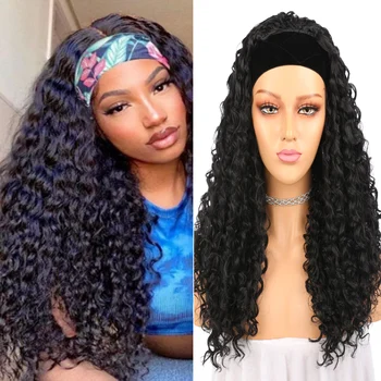 

Loose Curly Synthetic Hair Wigs Long Black Curly Headband Wig Glueless Hair Wigs For Women 200% Fiber Hair Scarf Wig