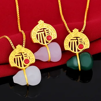 

Classical Natural Jasper Gourd Gold Pendant Necklace For Women 14k Yellow Gold Jade Pendant Chain Fine Jewelry Green White Pink