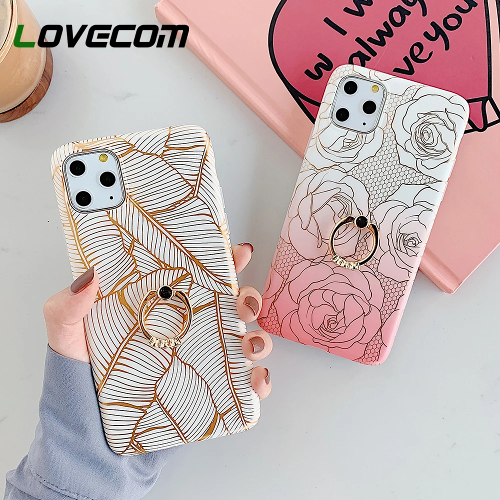Plated Line Leaf Rose Floral Ring Holder Phone Case For iPhone 12 Mini 11 Pro Max XR X XS Max 7 8 6S Plus Case Soft Phone Cover|Phone Case & Covers| - AliExpress
