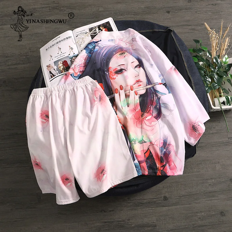 

Japanese Kimono Traditional Top and Pants Set Kimono Cardigan Men Summer Beach Thin Casual Shirt Kimonos Femme Yukata Women Men