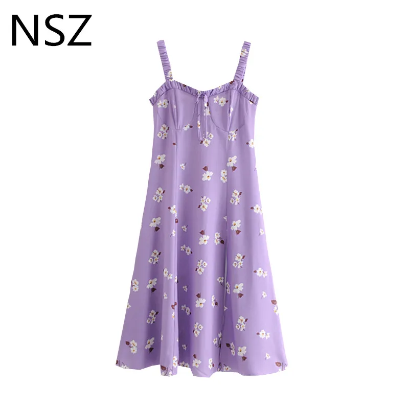 

NSZ Women Floral Print Spaghetti Strap Summer Dress Sleeveless High Split Backless Sexy Knee-Length Open Off Shoulder Dress