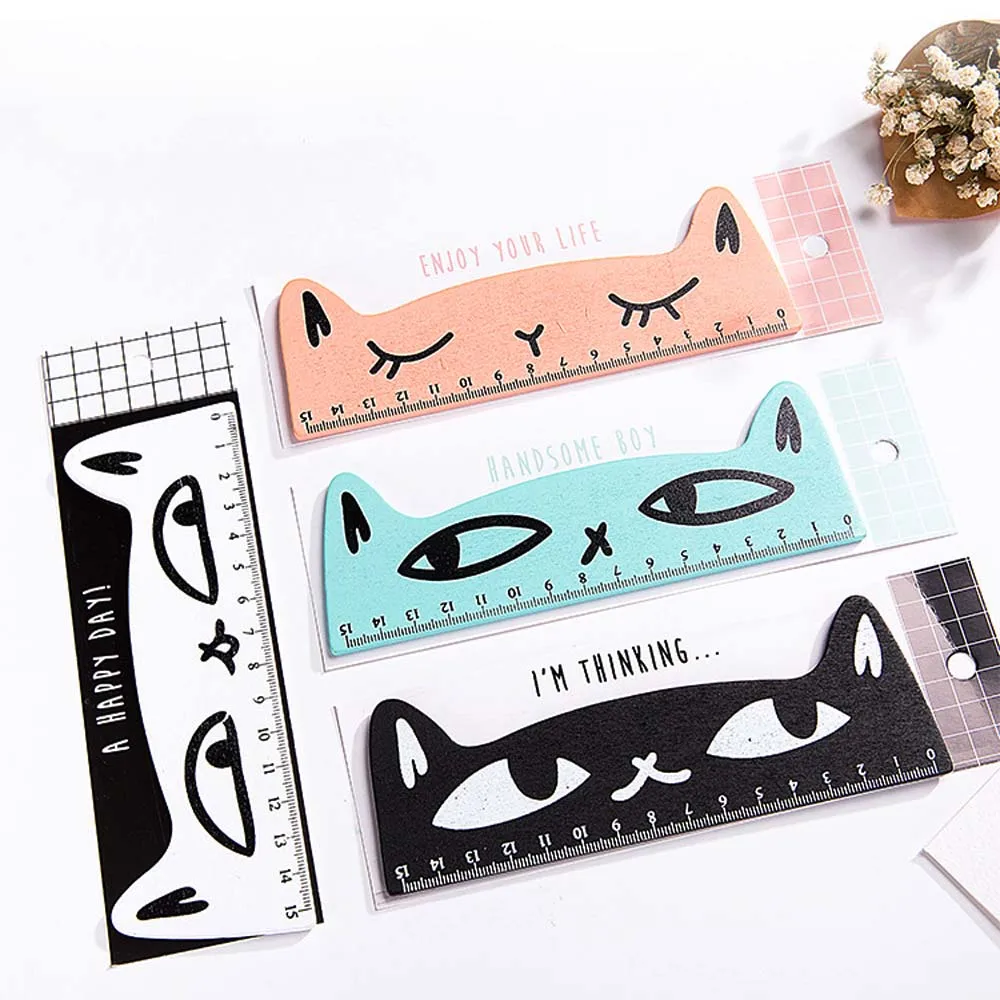 1pc Cute Cat Design Ruler Funny Stationery Wooden Rulers Kids School Supplies