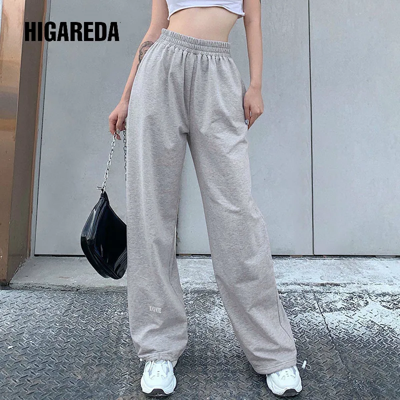 

HIGAREDA Casual Loose Baggy Sweatpants Women Gray Letter Print High Waist Pants Capris Drawstring Long Trousers Pocket Summer