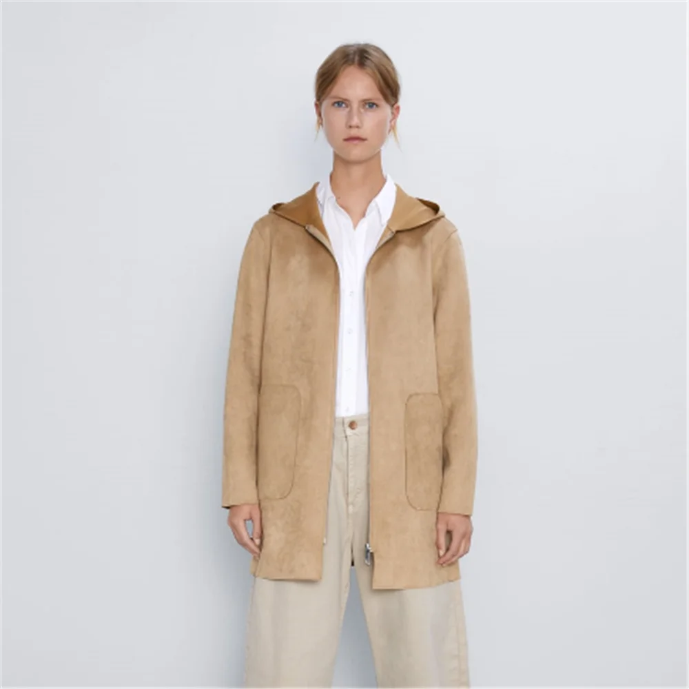 Женское замшевое пальто с капюшоном ZA ветровка длинными рукавами и воротником