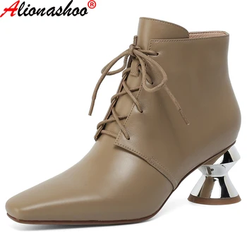 

Aliona Shoo Genuine Leather Ankle Boots Women Strange Heel Autumn Lady High Heels Shoes Fashion Woman Square Toe Lace Up Boots