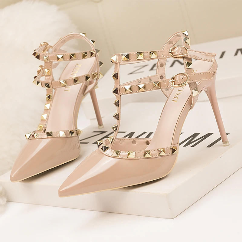 High Heel Single Shoes Women's Summer Style Sandals 2021 Autumn 10CM PUMPS Fashion Rivet ladies Pointed Shallow Mouth