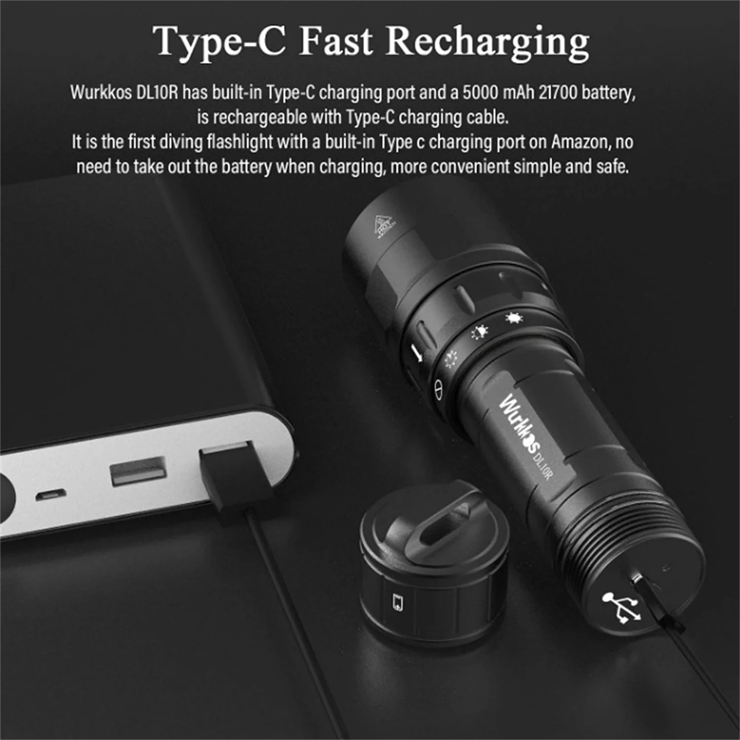 LED Flashlight Wurkkos DL10R Scuba Diving Torch XHP70.2 LED Flashlights 4500lm 21700 USB-C Rechargeable Rotary Switch Magnetic Control