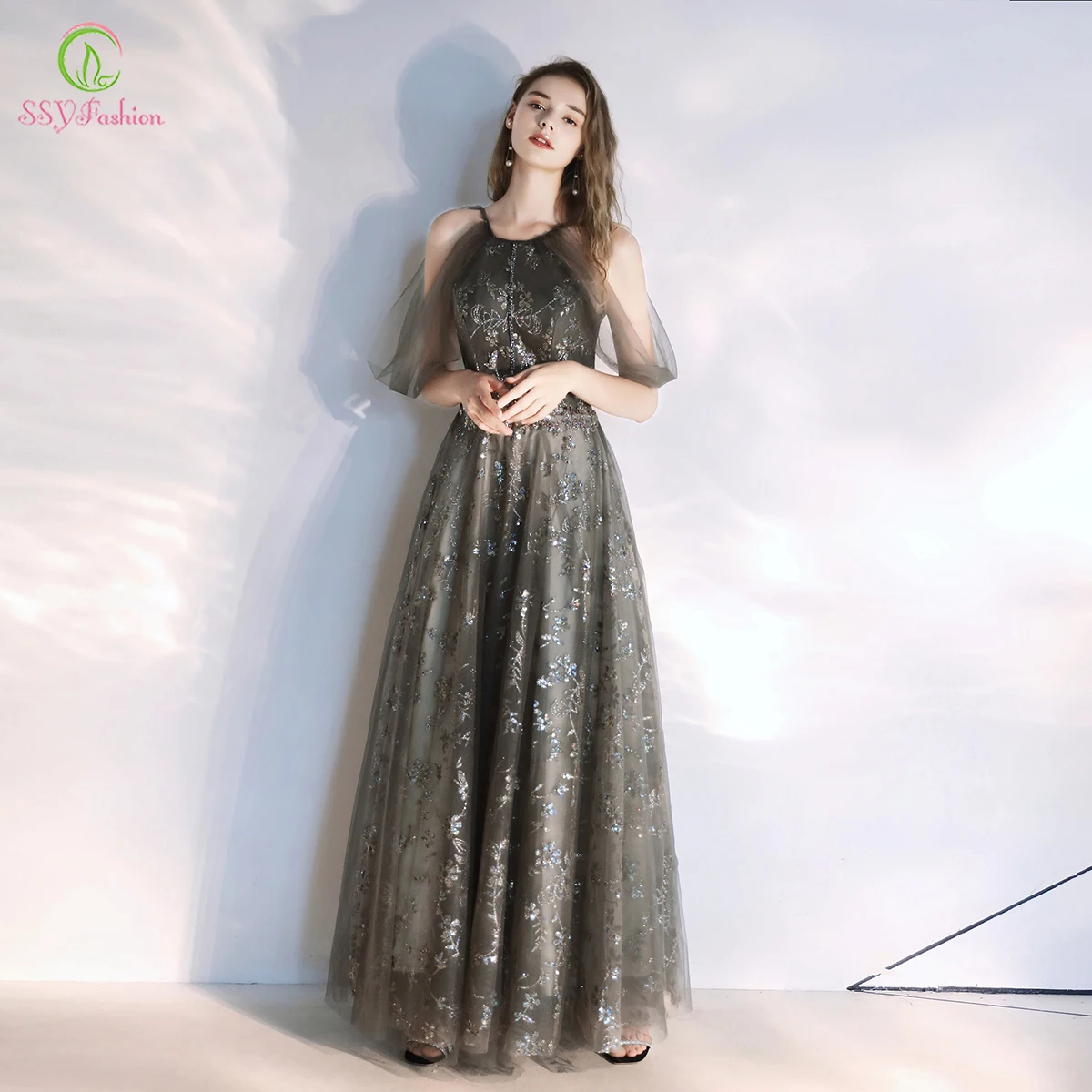 SSYFashion/Новое Вечернее платье с лямкой на шее, кружевной аппликацией, блестками, с бисером, длиной до пола, длинные торжественные платья под заказ Vestido De Noche