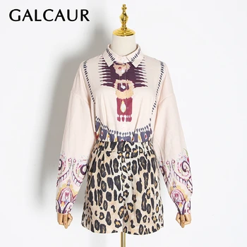 

GALCAUR Print Women Two Piece Set Lapel Collar Lantern Sleeve Top High Waist With Sashes Leopard Shorts Suit Female Fashion