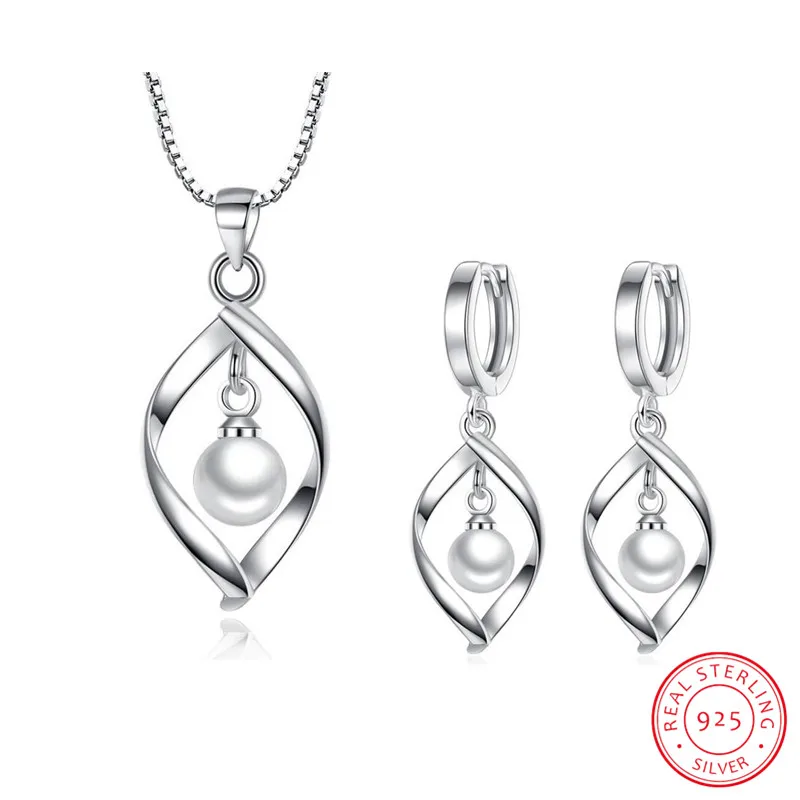 925 Sterling Silber Schmuck Sets Perle Twist Wasser Drop Halskette + Ohrringe joyas de plata Für Frauen Geschenk