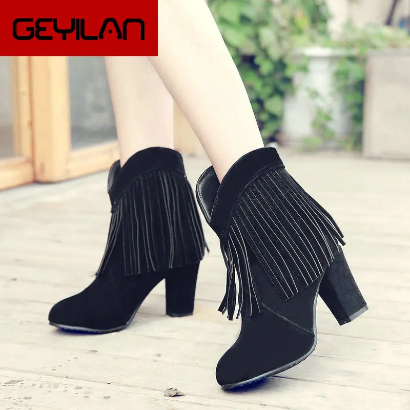 

Women Faux Suede Fringe Boots Fashion Slip On Ankle Boots comfy Autumn Winter Round Toe Square Heel Women Shoes Black Red