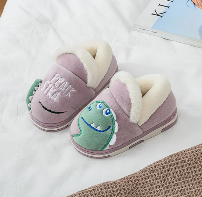 

Children's slippers autumn winter 2020 new style bag heel anti slip cartoon cute dinosaur children's home warm purple