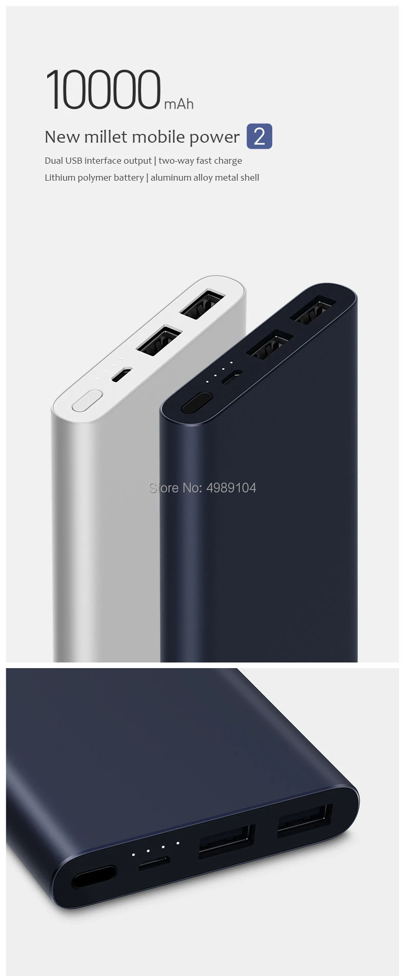 Xiaomi 10000 мА/ч, Мощность банк QC3.0 Dual USB Выход Портативный внешний Батарея для iPhone QC2.0 Тип-C 2-полосная Быстрая зарядка для xiaomi