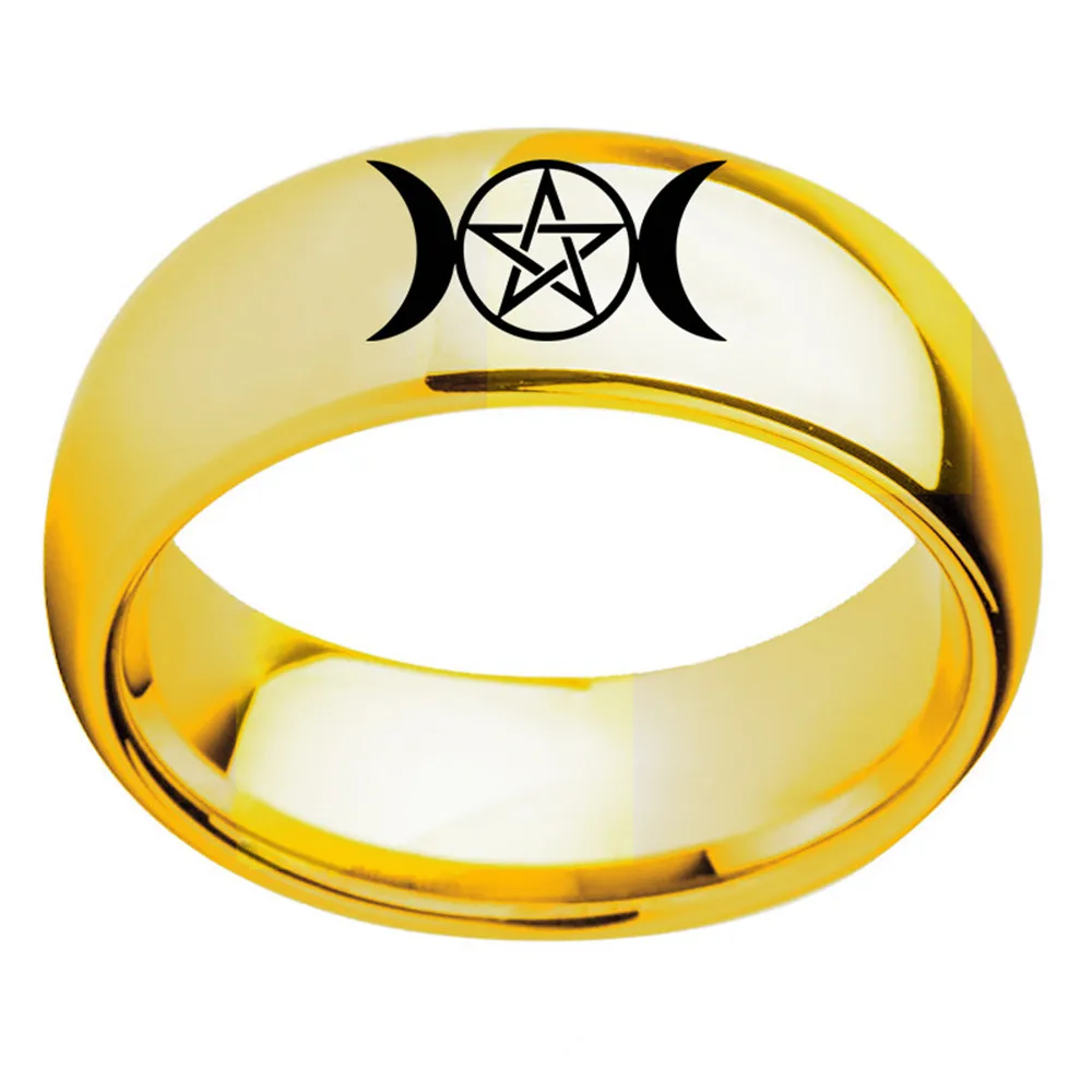 Stainless Steel Triple Moon Goddess Wicca Pentacle Ring Crescent Moon Pentagram Pagan Rings For Women Men Jewelry Freeship 2