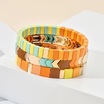 

Boho Wristband Rainbow Elastic Stretch Bracelet Colorful Bohemian Cute Enamel Metal Stacking Bangle Pulseras Women Wholesale