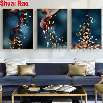 

5 d diamond mosaic abstract Fish butterfies diamond art,diamond painting full square round diamond embroidery Triptych,