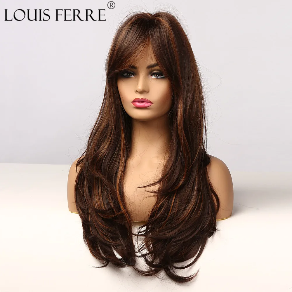 LOUIS FERRE Highlight Colored Wig for Women Long Wave Brown Blonde Ombre Bob Hair Wig with Bangs Daily Heat Resistant Fibre