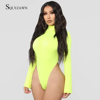 

Fluorescent Romper Leotard Blouse Flare Long Sleeve Stretch Jumpsuit Slim Tops Sexy Popular Women Turtleneck High Cut Bodysuit