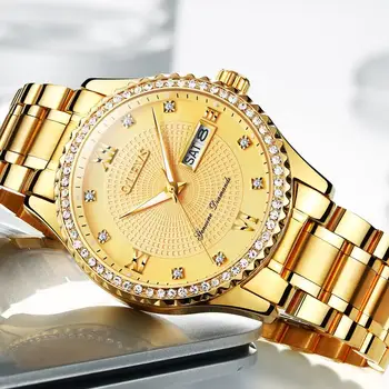 

Mens Gold Stainless Steel Quartz Watches Waterproof Golden Wristwatch For Man Diamonds Relogio Masculino Auto Calendar