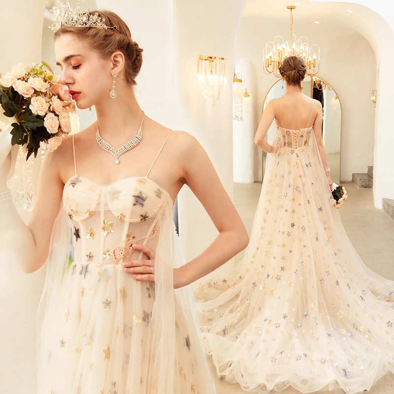 SSYFashion Новые Романтические Выпускные платья для банкета, цвета шампанского, со звездами, со шлейфом, Длинные Формальные вечерние платья, Vestidos De Noche - Цвет: Шампанское