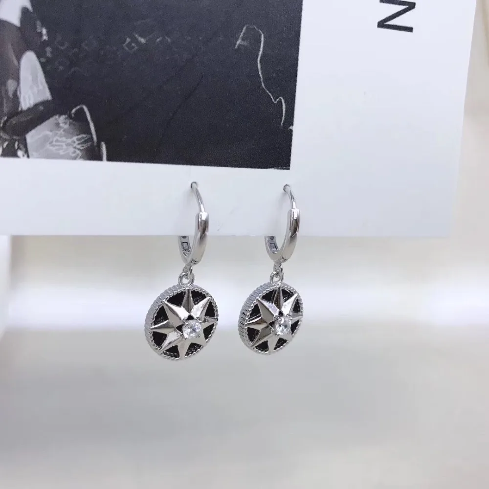 Серьги из стерлингового серебра 925 пробы, черный оникс, звезда, луна, короткий кулон круглая капля серьга, тренд моды, темперамент, женские серьги