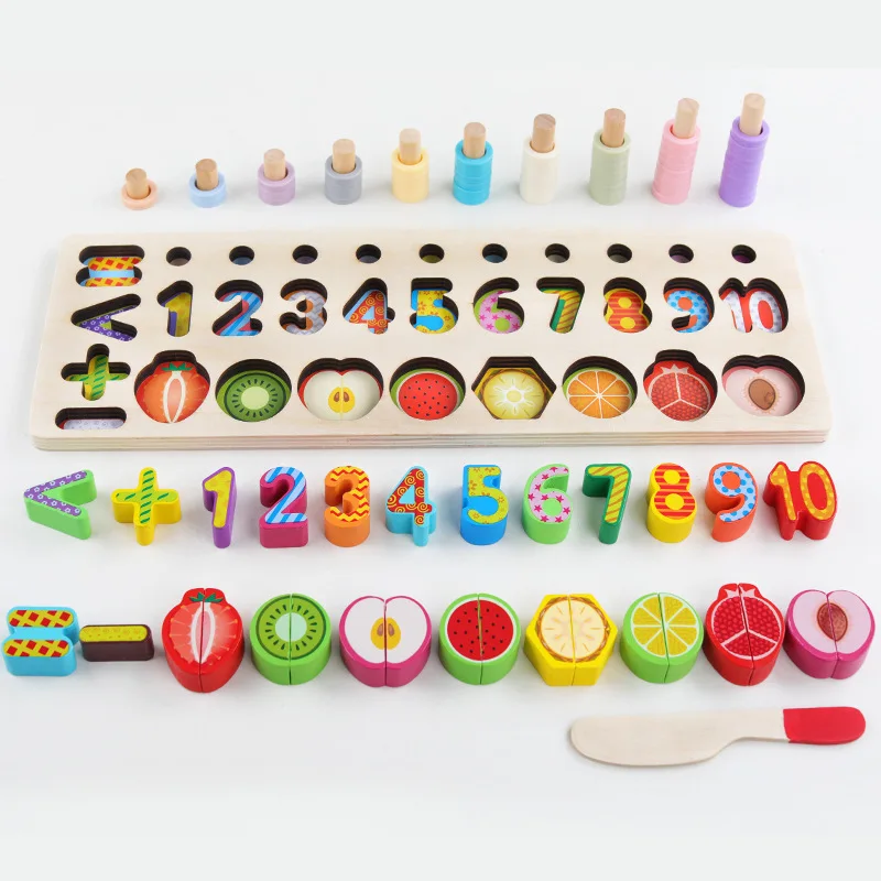 Wooden toy three-in-one double board digital operation cognitive shape pairing early education intelligence toy cut fruit game