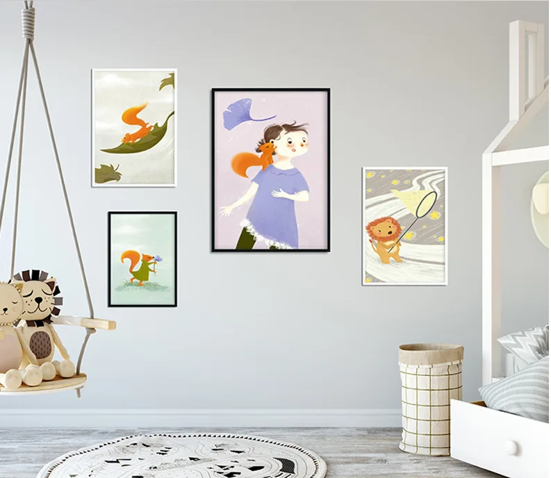 Cute Cartoon Animal Scene Decorative Painting Children's Room Living Bedroom Mural Lion Fox Nursery Baby Decor | Дом и сад