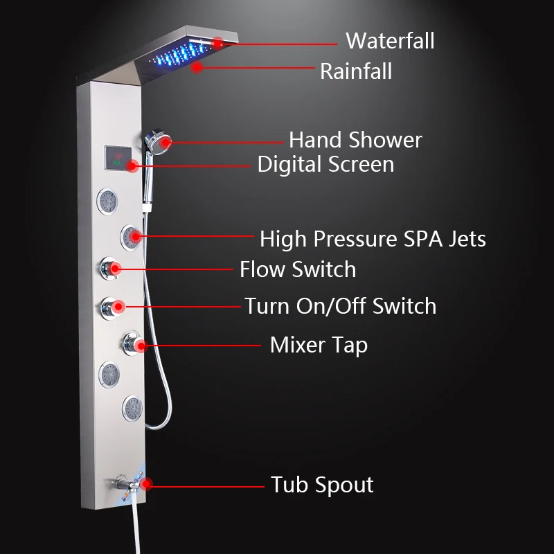 Shower-Panel-LED-Waterfall-Rainfall-Nickel-Brushed-Wall-Mounted-Bathroom-Shower-Faucet-Shower-Panel-Column-With