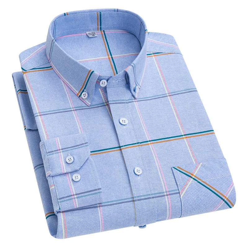 S-4XL Mens Oxford Plaid Casual Dress Shirt For Men Long Sleeve Front Patch Chest Pocket Regular-fit Button-down Thick Work Shirt
