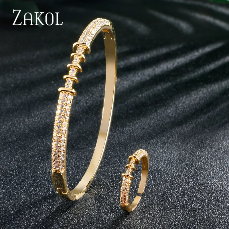 ZAKOL Новое поступление AAA циркония модные свадебные ювелирные изделия браслет кольцо Набор для женщин свадебный ужин вечерние подарки на праздник FSSP3117 - Окраска металла: Gold Color