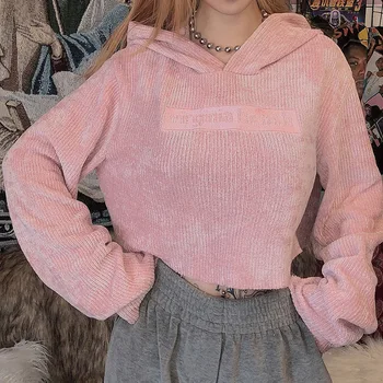 

Women Pink Knitted Hoodies Sweatshirt 2019 Autumn Winter Korean Long Sleeve Short Sweatshirt Female Pink Letter Embroidery Kpop