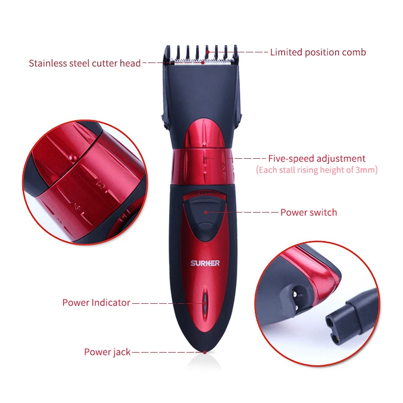  Adjustable Hair Clipper Professional Men Beard Trimmer Waterproof Red Electric Clipper Stainless St