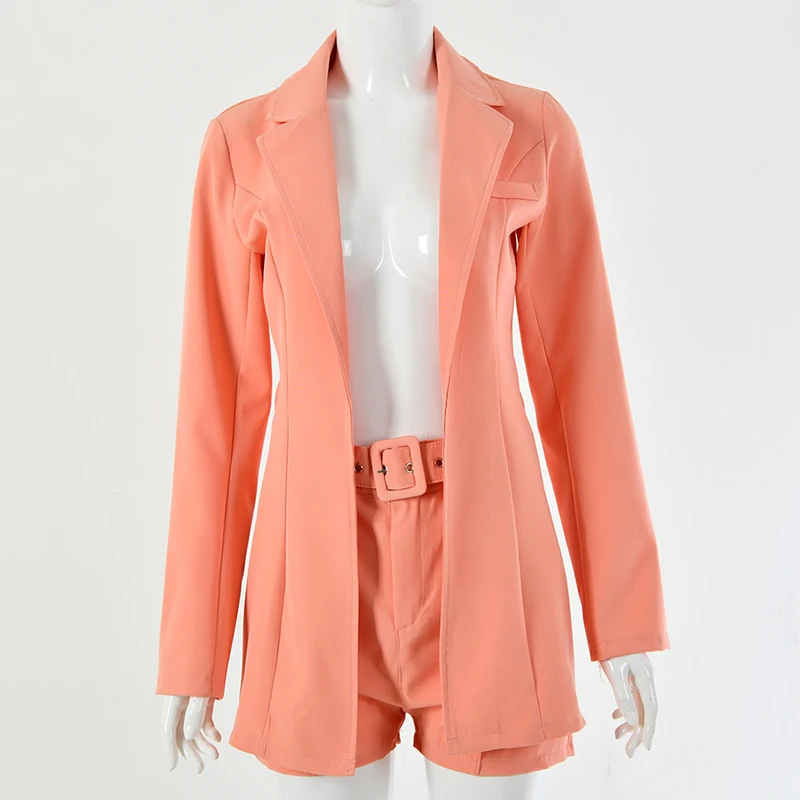 Наряды, розовый блейзер, костюм, топ, шорты, 2 предмета, комплект с поясом, Осень-зима, для женщин, уличная одежда, пальто, куртка, наборы, для офиса, PL993G - Цвет: Orange