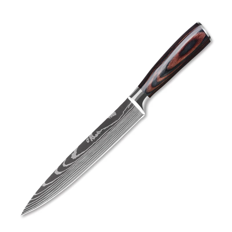 8 in slicing knife Timhome Популярные кухонные ножи Набор Профессиональный японский дамасский лазерный узор 7CR17 440C высокоуглеродистой нержавеющей нарезки Santoku - Цвет: 8 in slicing knife