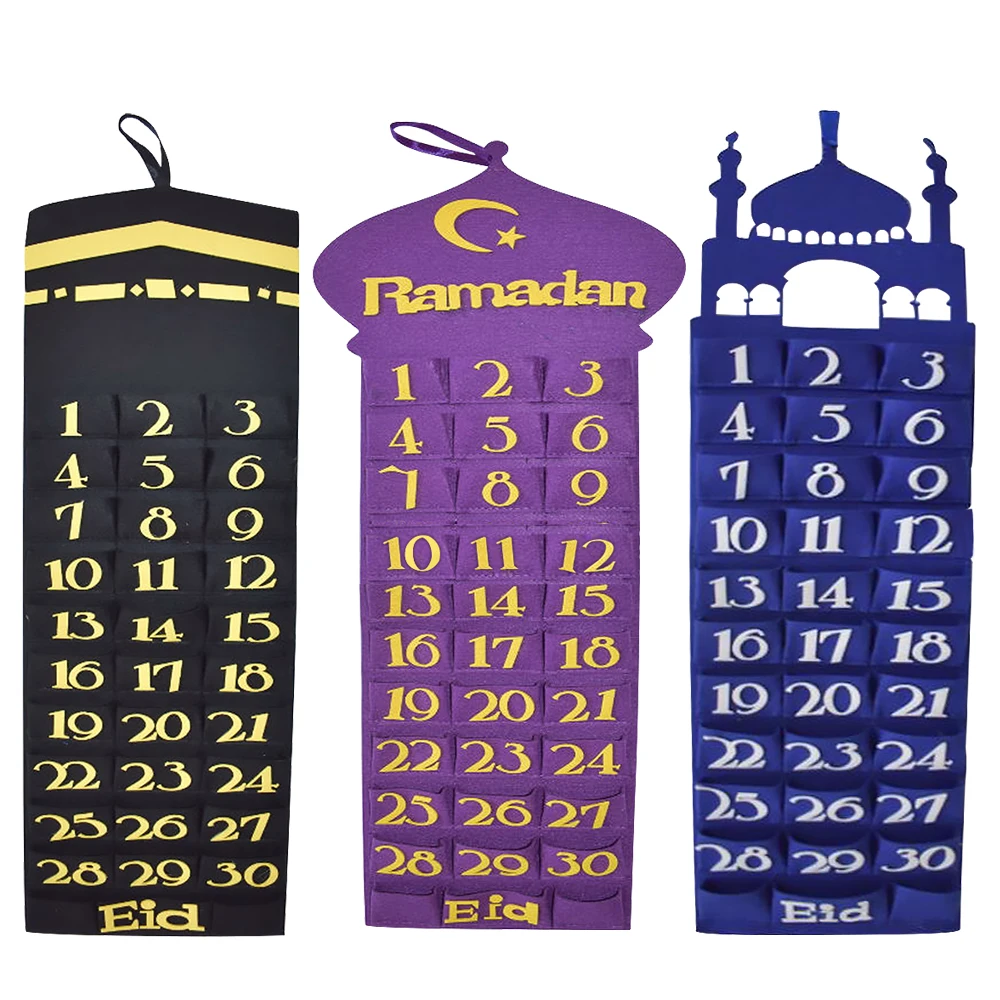 Newest Eid Mubarak 30days Advent Calendar Hanging Felt Countdown Calendar for Kids Gifts Ramadan Party Decorations Supplies