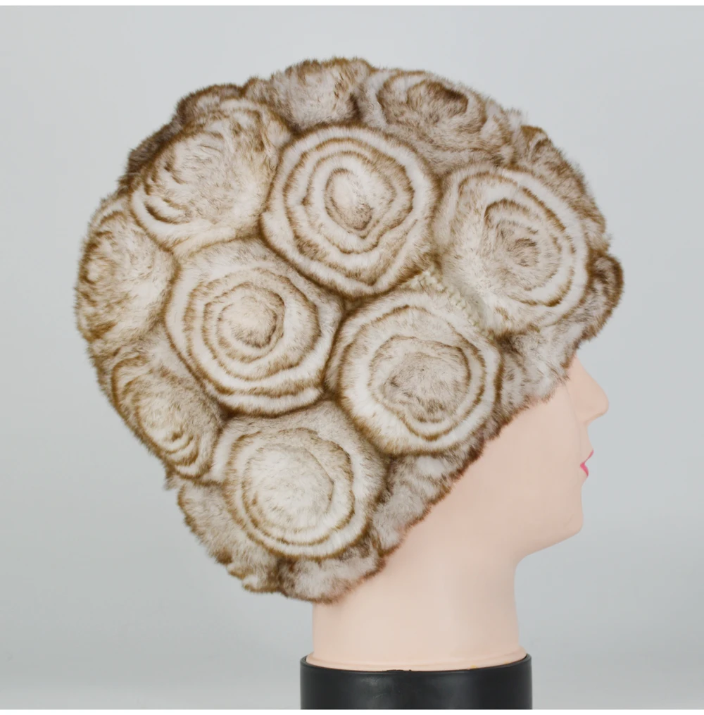Winter Rex Rabbit Fur Hat Women Knitted Natural Rex Rabbit Fur Flowers Beanies Hats Warm Soft Real Rex Rabbit Fur Caps