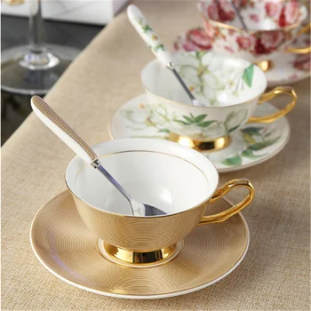 

European Noble Bone China Top Grade 200ml Luxury Gift Afternoon Tea Set Coffee Ceramic Cup Saucer Spoon Set