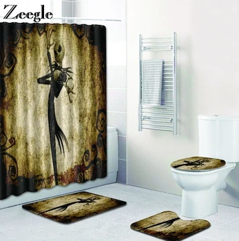 

Zeegle Halloween Bath Mat Set with Shower Curtain Polyester Toilet Pedestal Rug Foot Mat Shower Mat Absorbent 4pcs Toilet Set