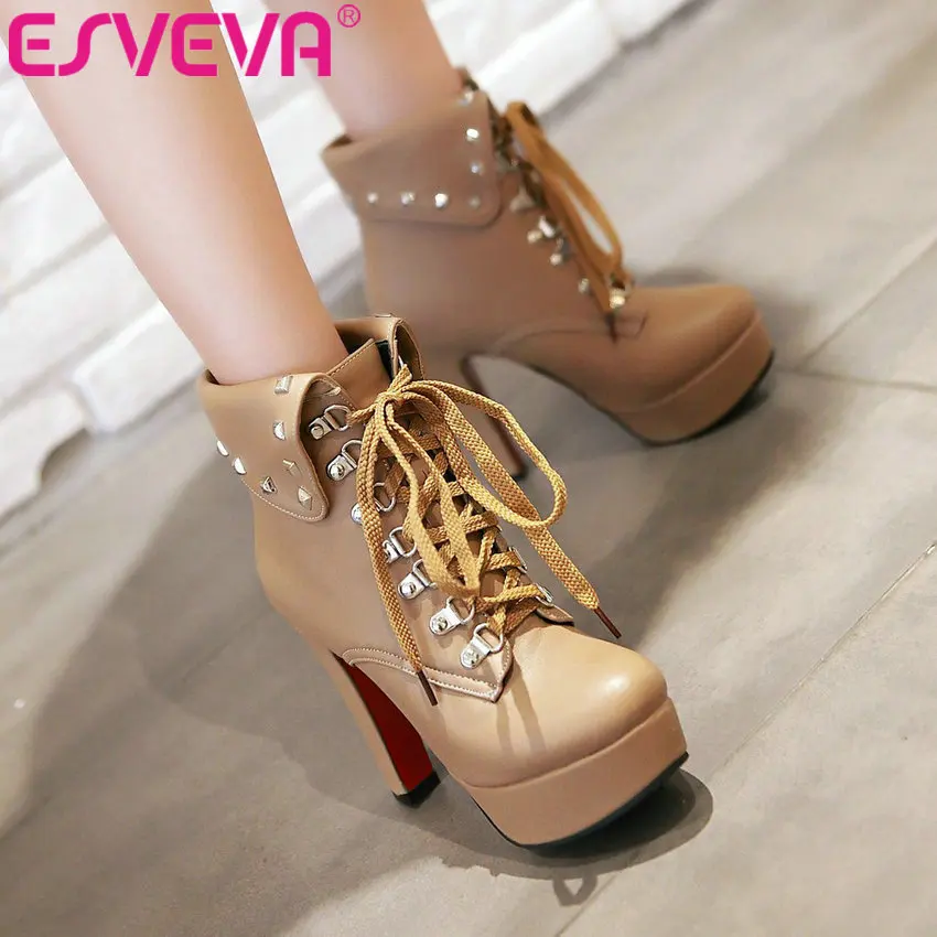 

ESVEVA 2020 All Match Lace Up Fashion Western Style Women Shoes Winter Ankle Boots PU Leather Square High Heel Boot Size 34-41