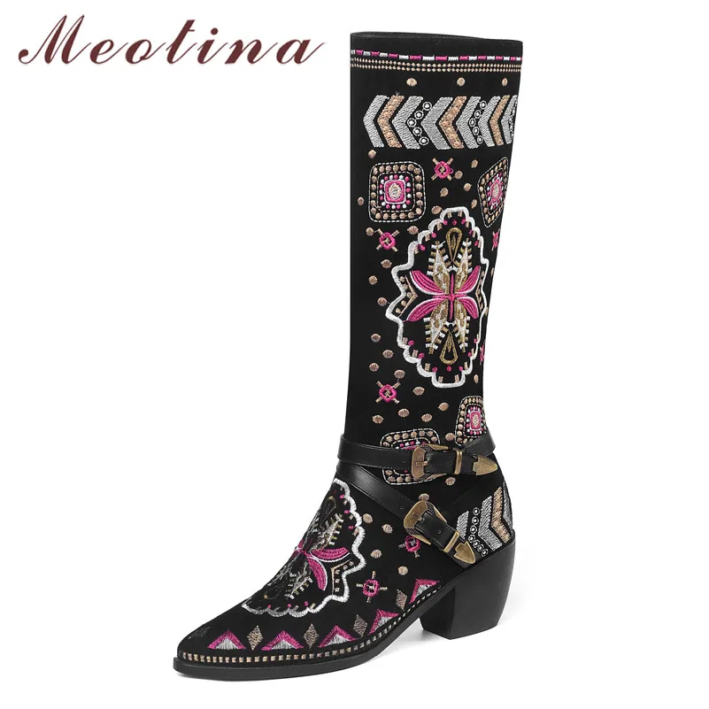 

Meotina Winter Knee High Boots Women Boots Embroider Thick High Heel Long Boots Buckle Pointed Toe Shoes Lady Autumn Size 34-46