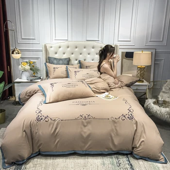 

4pcs home Light luxury Bedding Set with duvet cover flat/fitted sheet Bed Linens and pillowcase King Queen bedclothes cover sets