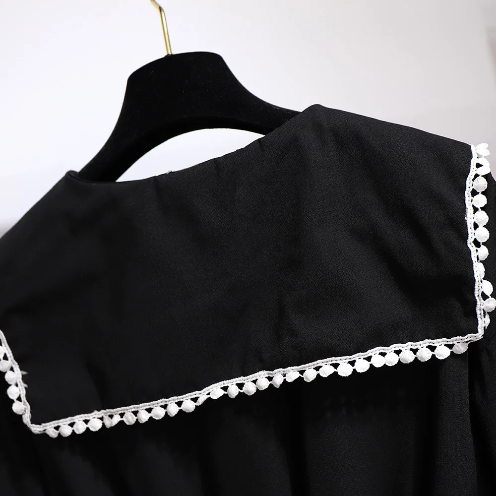 2XL~ 6XL женская шифоновая рубашка с эластичной талией, воротник Питер Пэн, осень, длинный рукав, кружевная прострочка, большой размер, Длинная блузка, топы B729