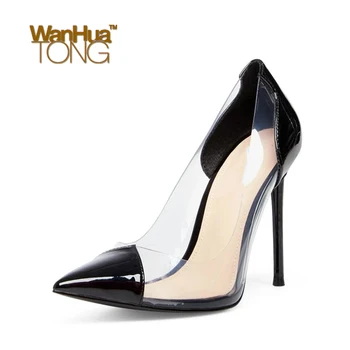 

Wanhuatong Woman Fashion Color Block Transparency PU Pointed Toe Stiletto Heel Business Sexy Minimalism Pumps Size45