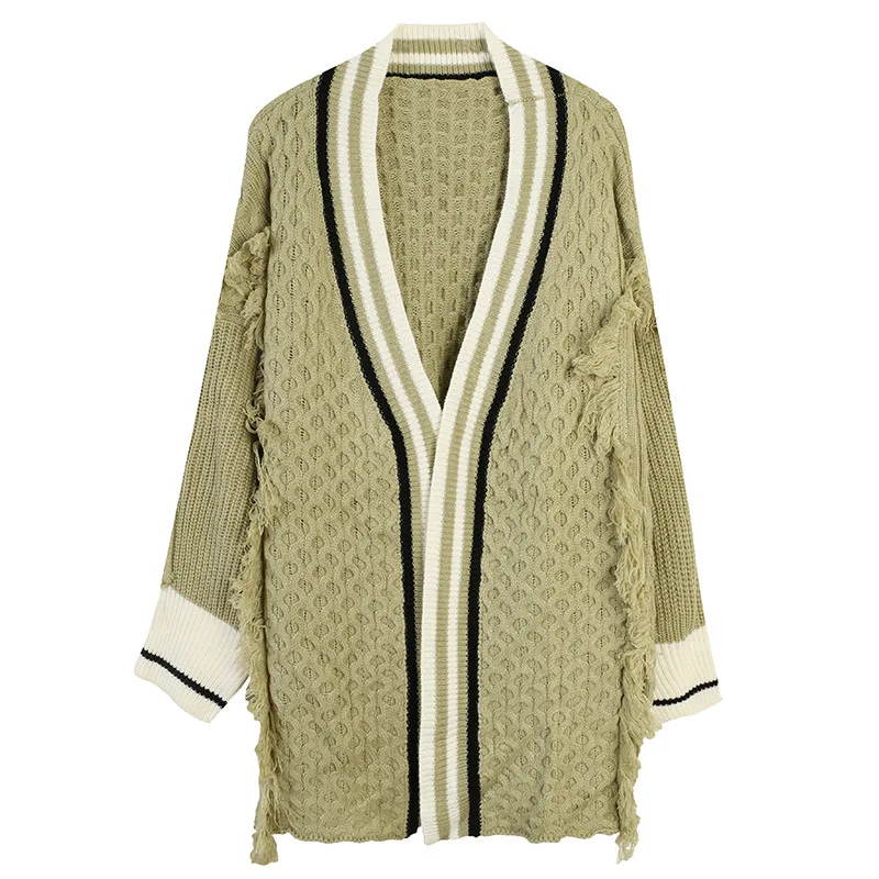 of new fund of autumn winters bump color stripe tassel splicing long-sleeved long in loose knitted cardigan - Цвет: see chart