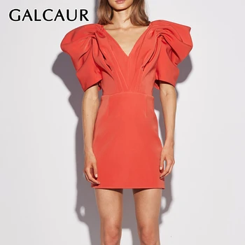 

GALCAUR Casual Ruched Women's Dresses V Neck Puff Half Sleeve High Waist Tunic Mini Dress For Female 2020 Fashion Clothing Tide