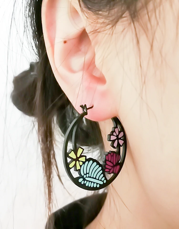 HONGTU, 1 пара, Pendientes Mujer, серьги-кольца, нержавеющая сталь, черный цвет, кошка/Череп/цветок/паук, женские серьги, ювелирные изделия