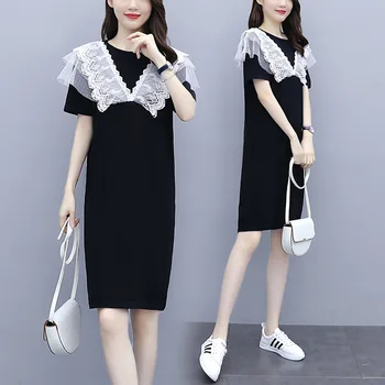 

2020 Summer New Style Korean-style Loose Slim Fit Slimming Belly Covering by Age Fashion Elegant Lace Splicing Dress Fashion