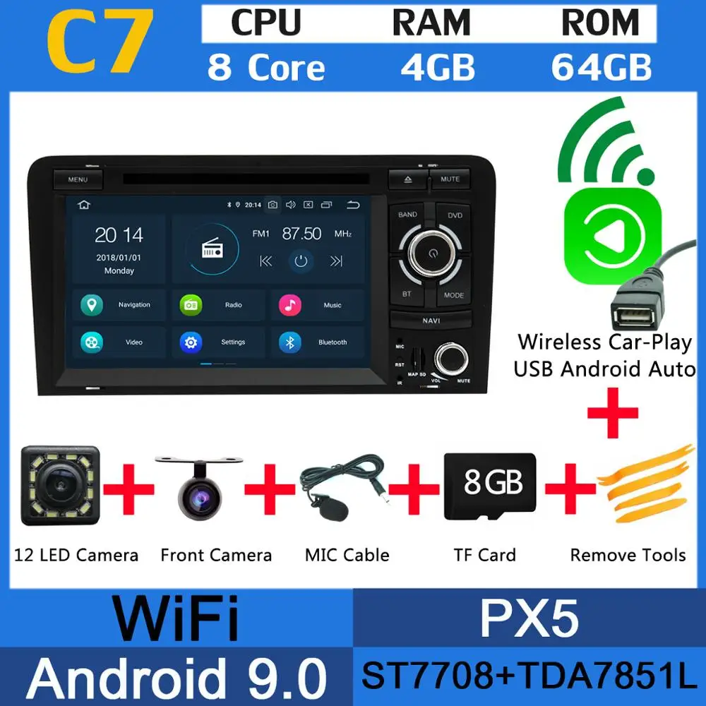 PX6 4G+ 64G Android 9,0 автомобильный DVD Мультимедиа gps навигация Радио для Audi A3 S3 RS3 2006-2012 стерео DSP Авто CarPlay головное устройство - Цвет: PX5 Wireless CarPlay