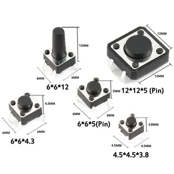 

125Pcs 2/3/4/6/12mm Tact Switch Push Buttons Tactile Switches 4 Pin Steel Plastic Micro Switch for TV/Toys/Home Use