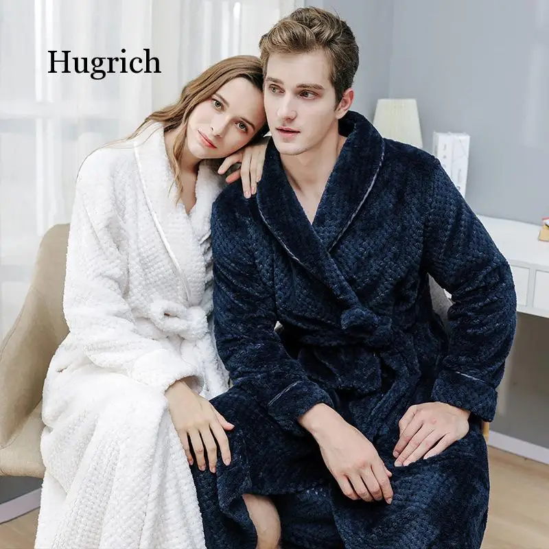 цена Japanese Korean Couple Autumn and Winter Solid Color Bathrobe Sexy Bathrobe Flannel Nightgown Female